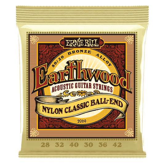 Ernie Ball Earthwood 80/20 Bronze Folk Nylon Classic Ball End Acoustic Guitar Strings, 28-42 Gauge