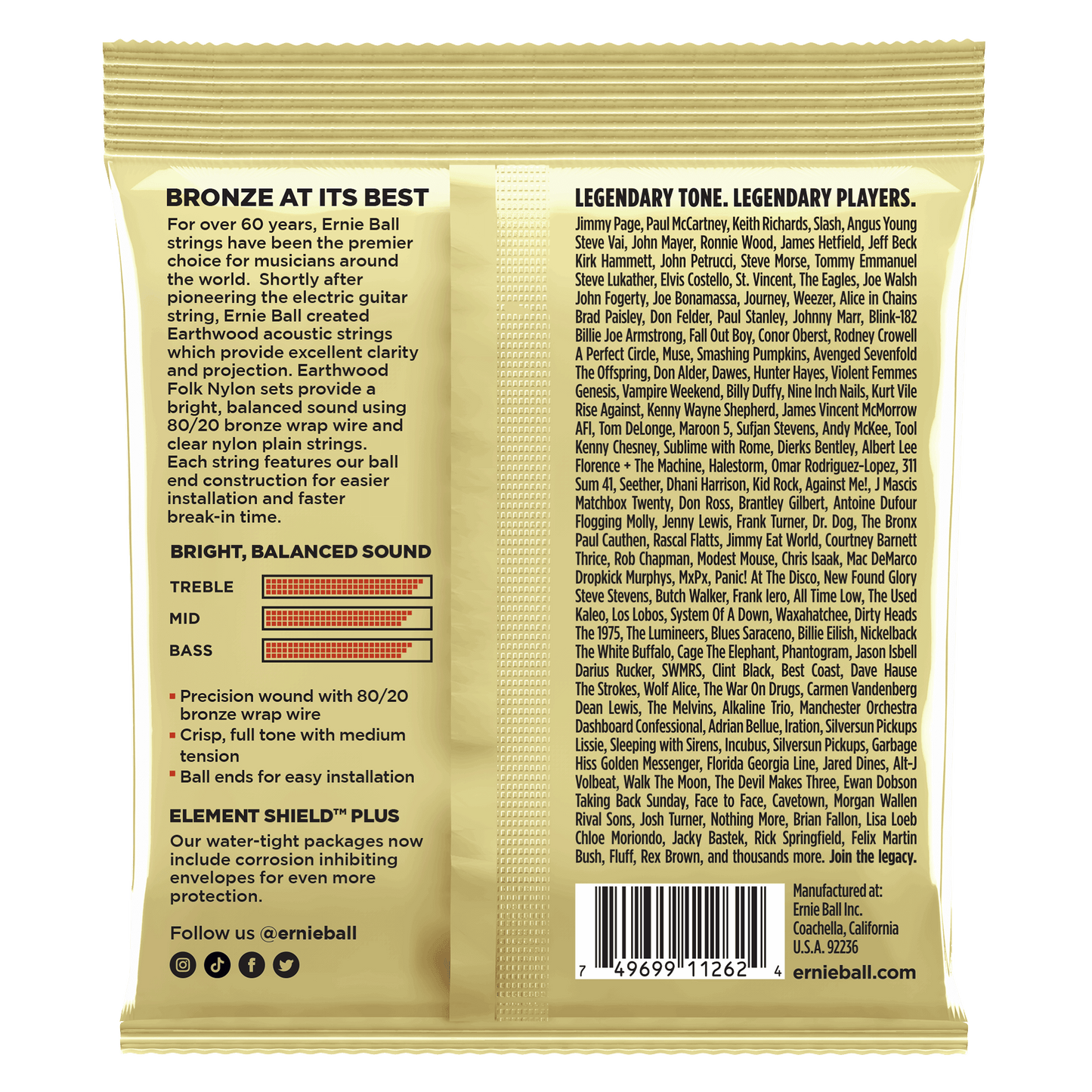 Ernie Ball Earthwood Folk Nylon, Clear and Gold w/Ball End, 8020 Brnz Ac Gtr Strings 3 Pk 28 42