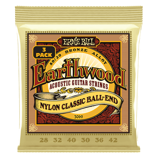 Ernie Ball Earthwood Folk Nylon, Clear and Gold w/Ball End, 8020 Brnz Ac Gtr Strings 3 Pk 28 42