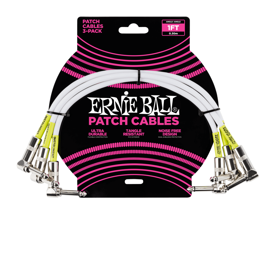 Ernie Ball Angle / Angle Patch Cable 3 Pack, White, 30cm Length