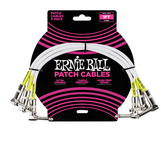 Ernie Ball Angle / Angle Patch Cable 3 Pack, White, 30cm Length