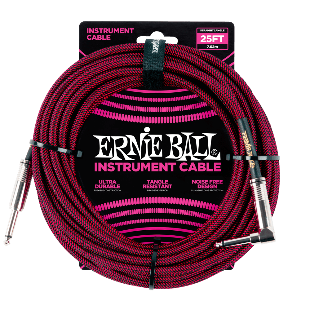 Ernie Ball 7.5 Meter Braided Straight / Angle Instrument Cable, Black / Red