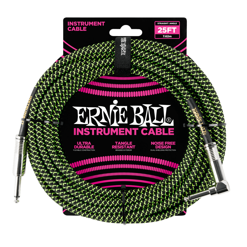 Ernie Ball 7.5 Meter Braided Straight / Angle Instrument Cable, Black / Green