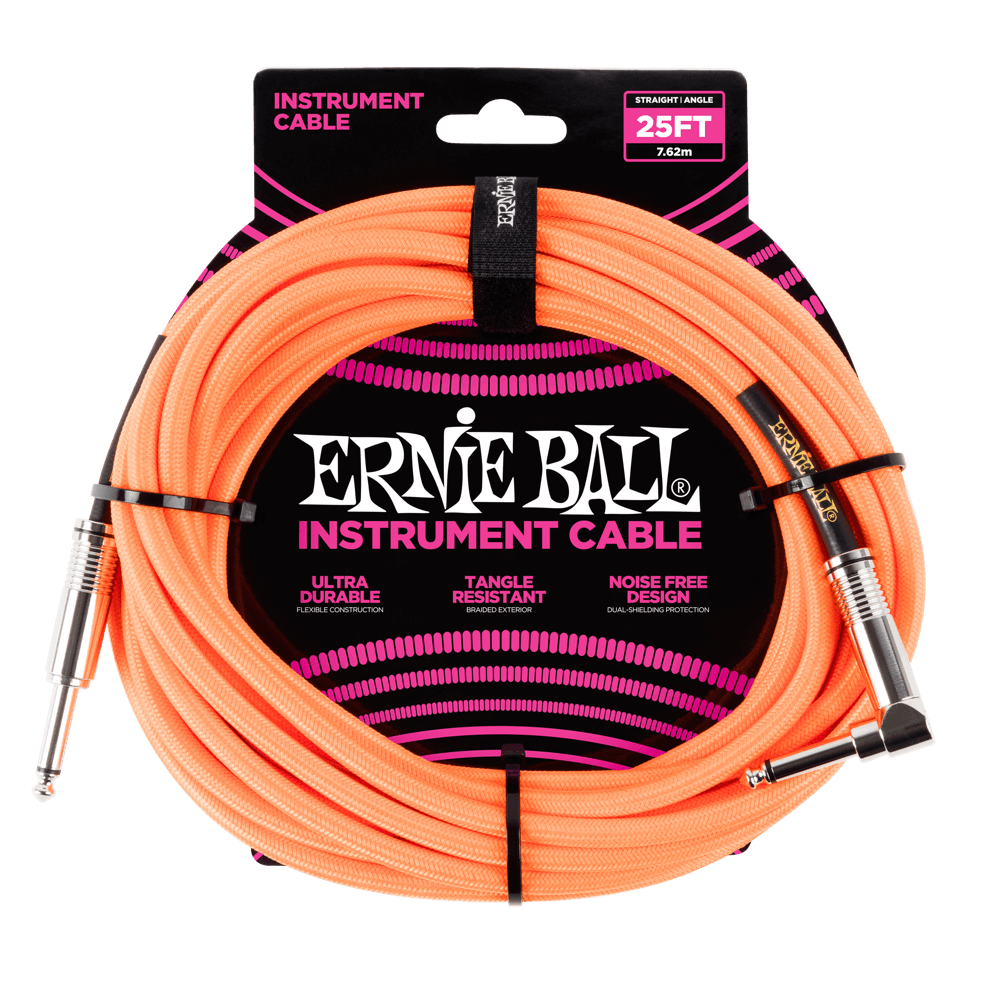 Ernie Ball 7.5 Meter Braided Straight / Angle Instrument Cable, Neon Orange