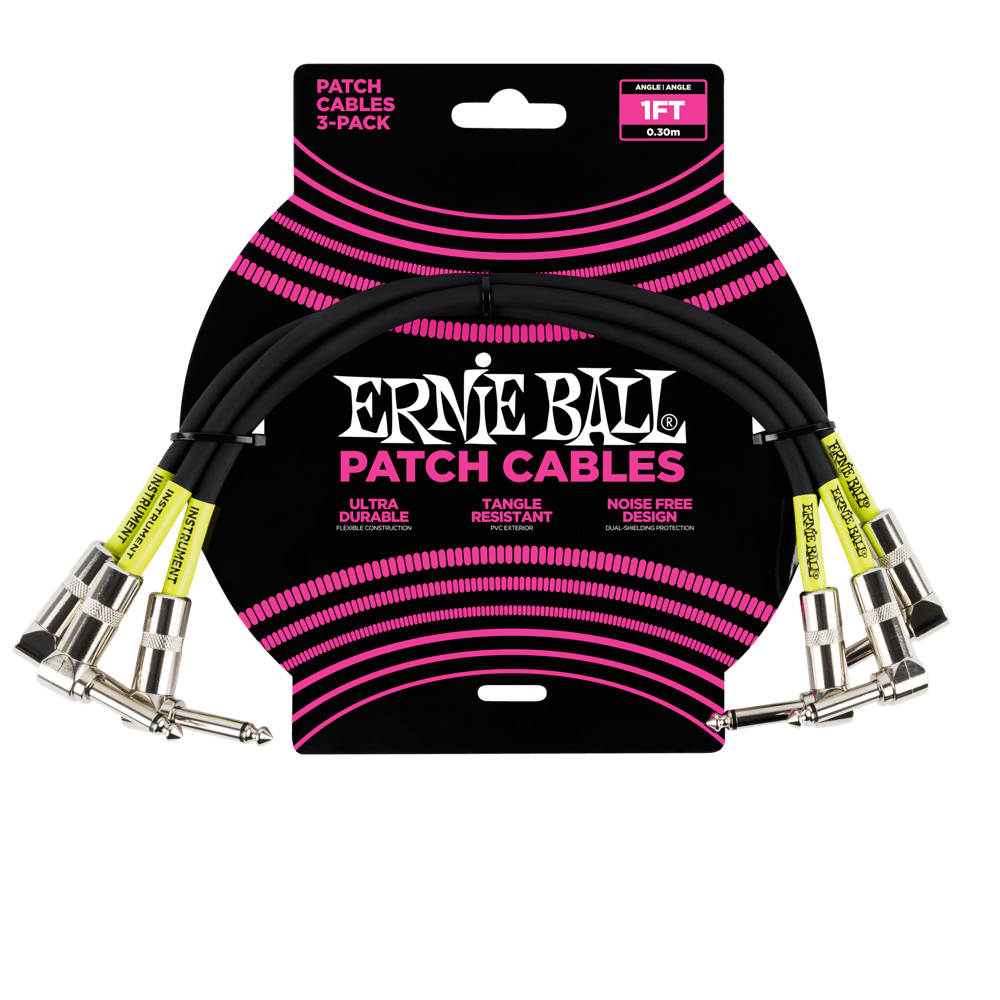 Ernie Ball 30 cm Angle / Angle Patch Cable 3 Pack, Black