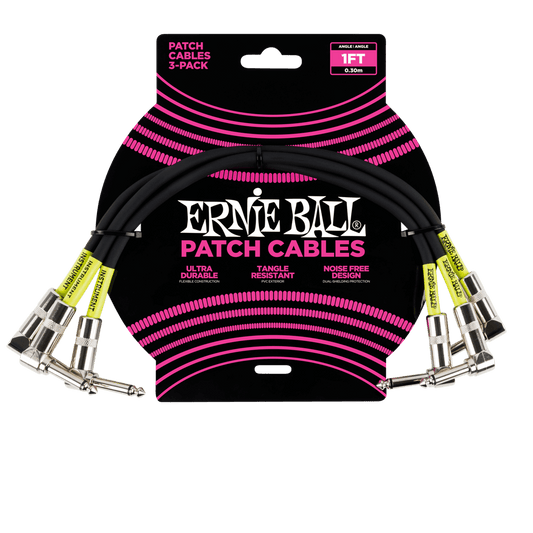 Ernie Ball 30 cm Angle / Angle Patch Cable 3 Pack, Black