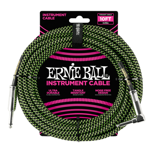 Ernie Ball 3 Meters Braided Straight / Angle Inst Cable, Black/Green