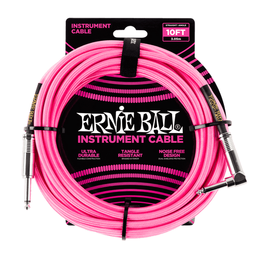 Ernie Ball 3 Meters Braided Straight / Angle Instrument Cable, Neon Pink