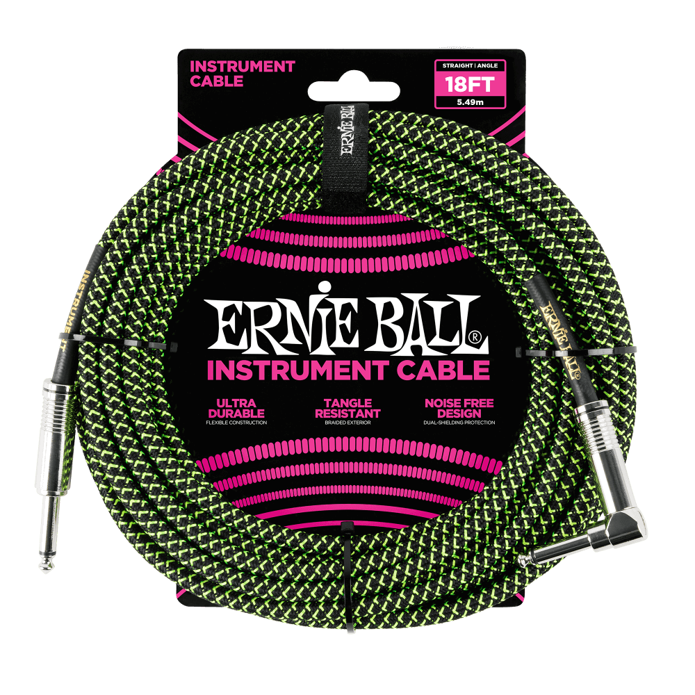 Ernie Ball 5.5 Meters Feet Braided Straight / Angle Inst Cable, Black/Green